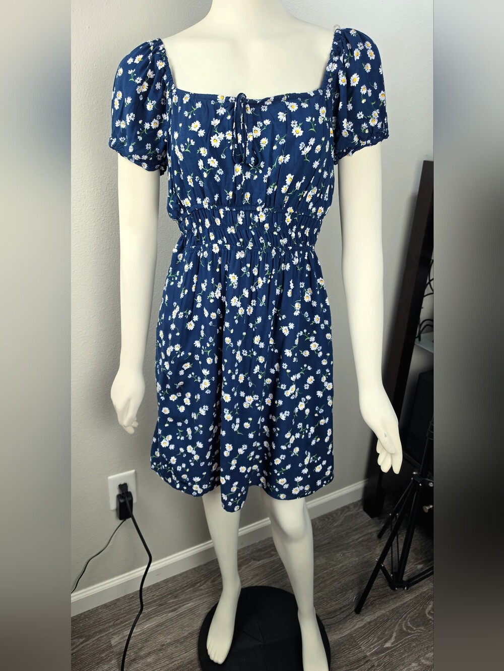 Passport Blue Daisy Tie-Front Puff-Sleeve Mini Dress